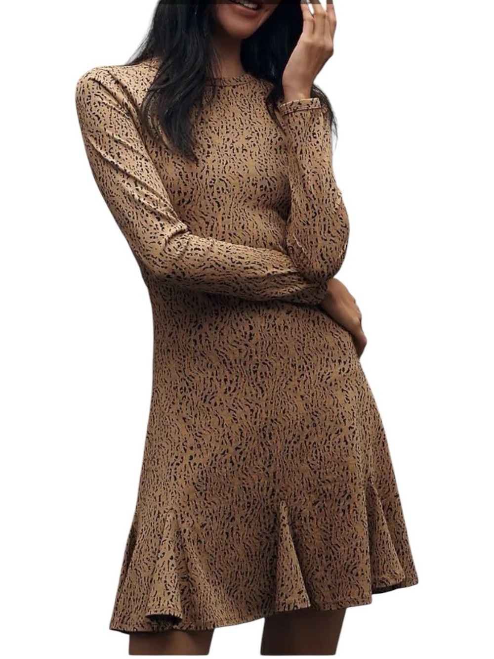 Anthropologie Women’s Animal Print Lyla Mini Long Sleeve Black Tan Dress New M